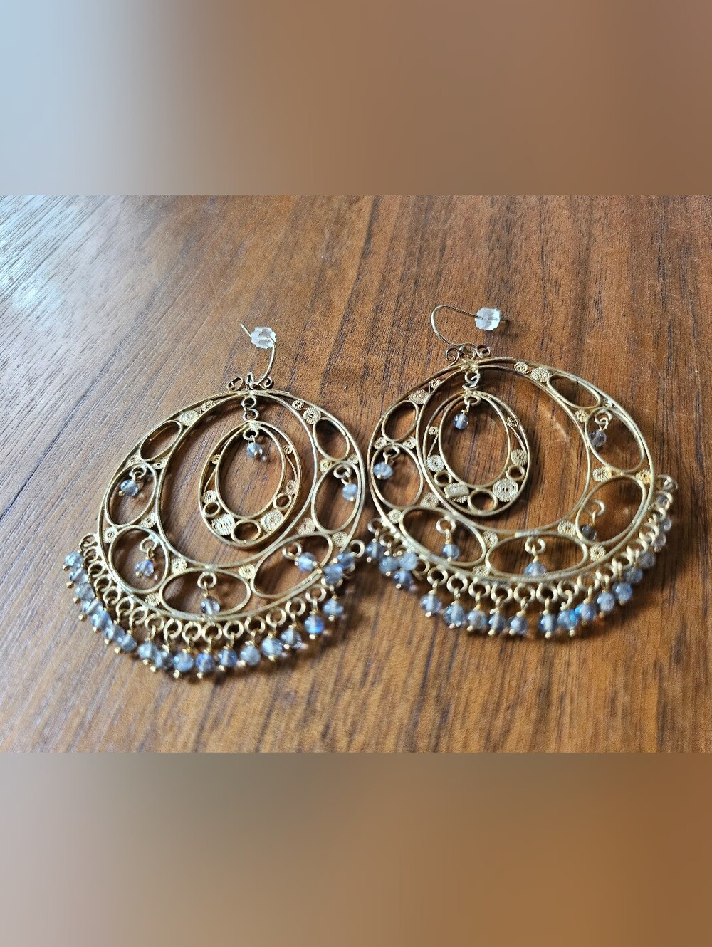 Bohemian Gold 925 Sterling Silver Filigree Hoop Earrings with Blue Bead Accent
